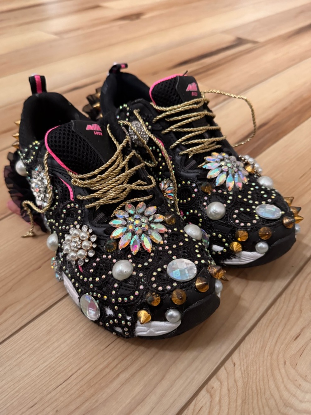Embellished Black Jeweled Avia 5000 Sneakers with Gold Laces